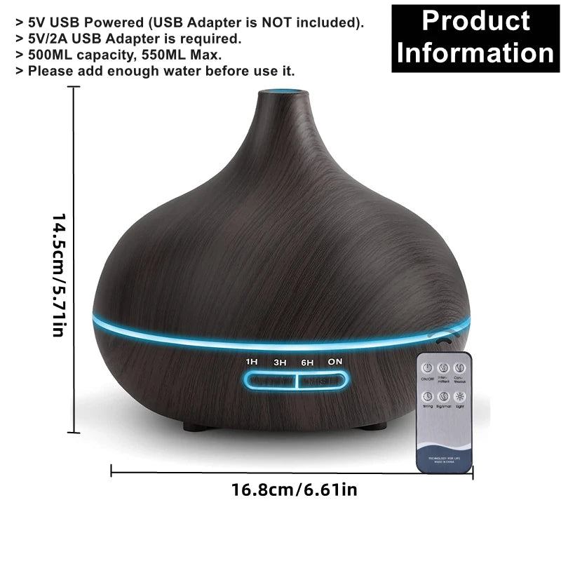 550ml Wood Color USB Aroma/Essential Oil Diffuser with 7 Colour LED Lights & Remote Control