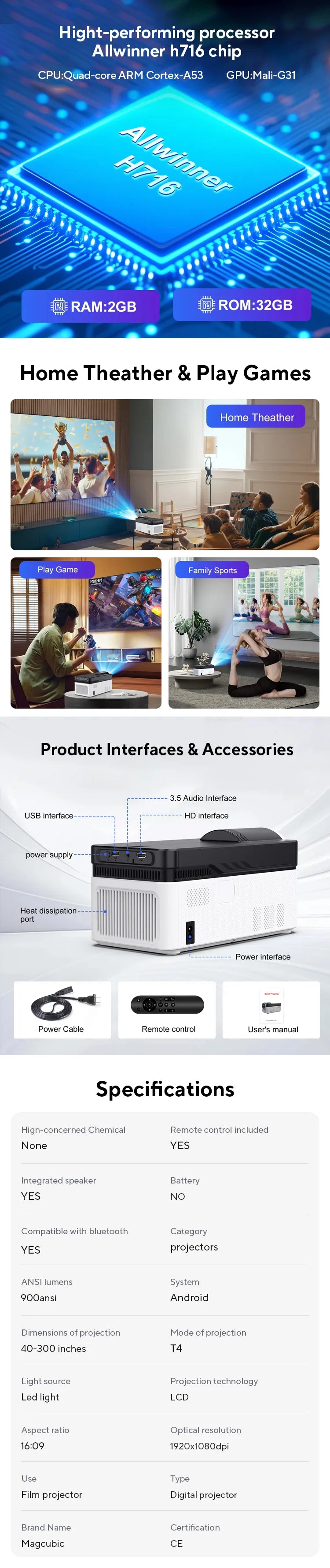 Magcubic Ultra Short Throw HY450 Projector with Auto Offset 8K 4K 1080P with Wifi
