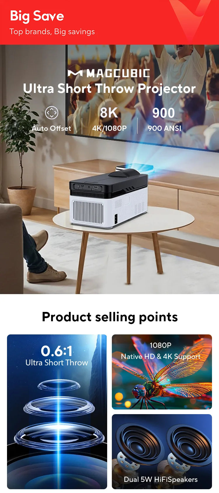 Magcubic Ultra Short Throw HY450 Projector with Auto Offset 8K 4K 1080P with Wifi